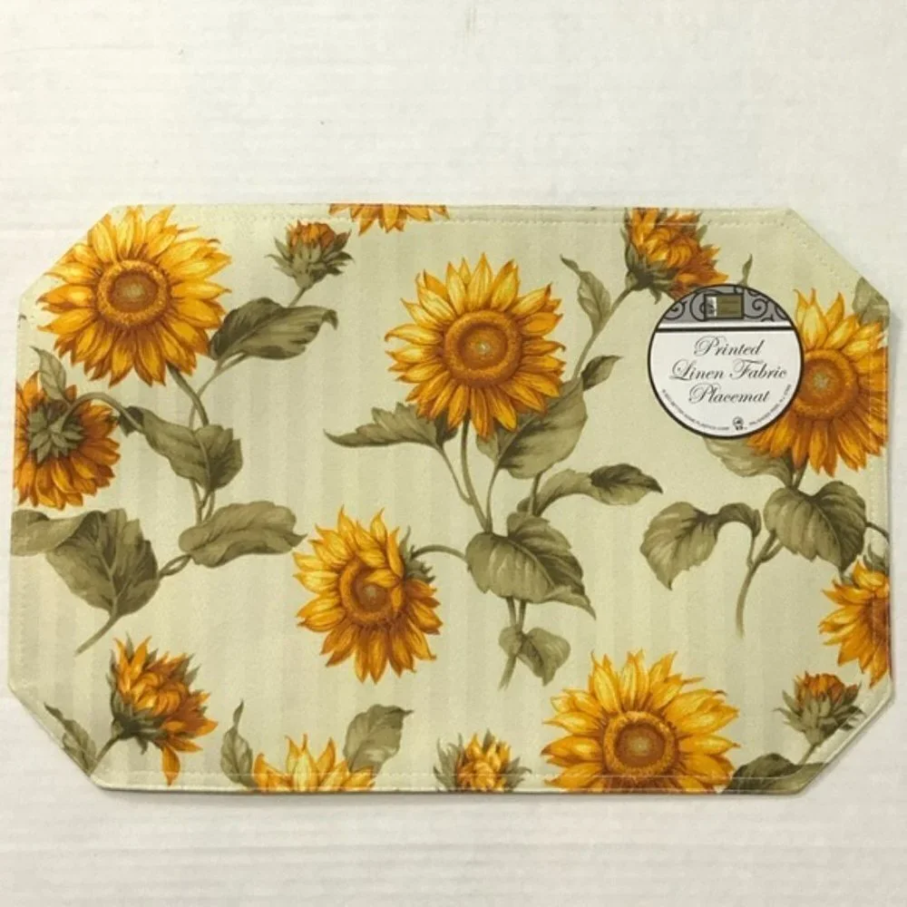 Sunflower Reversible Printed Linen Fabric Placemats Set of 4 Neutral Yellow